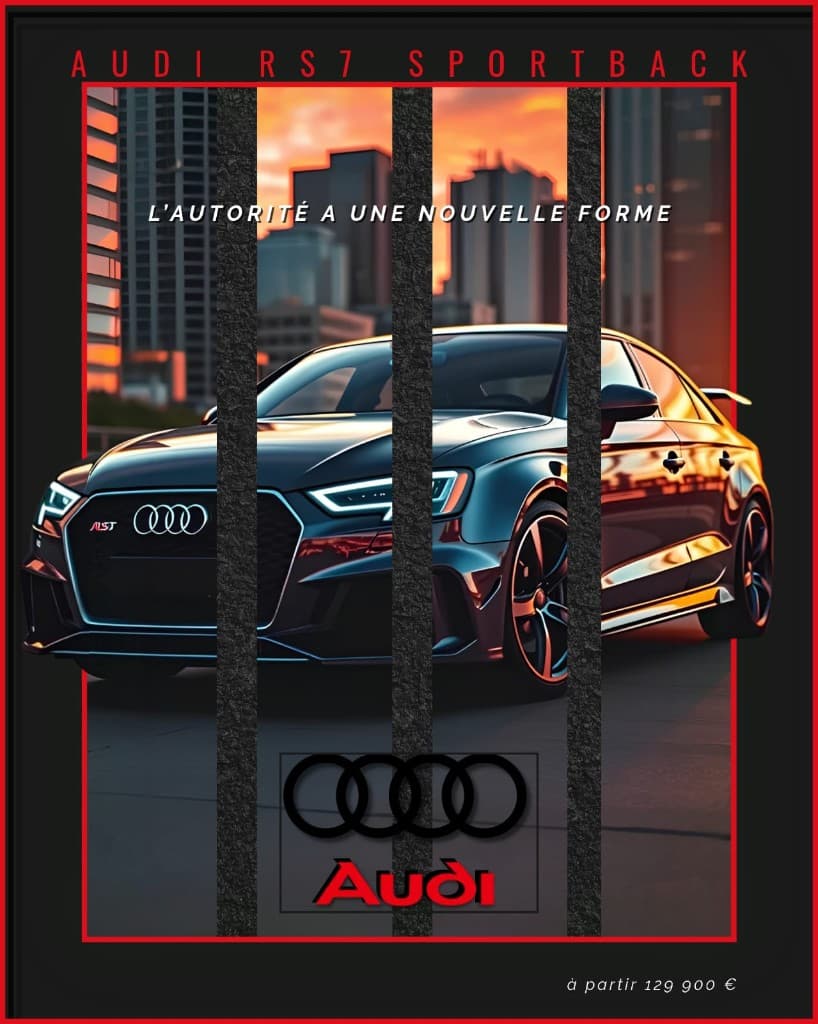 Affiche Audi RS7 Sportback avec voiture au coucher du soleil et cadre rouge