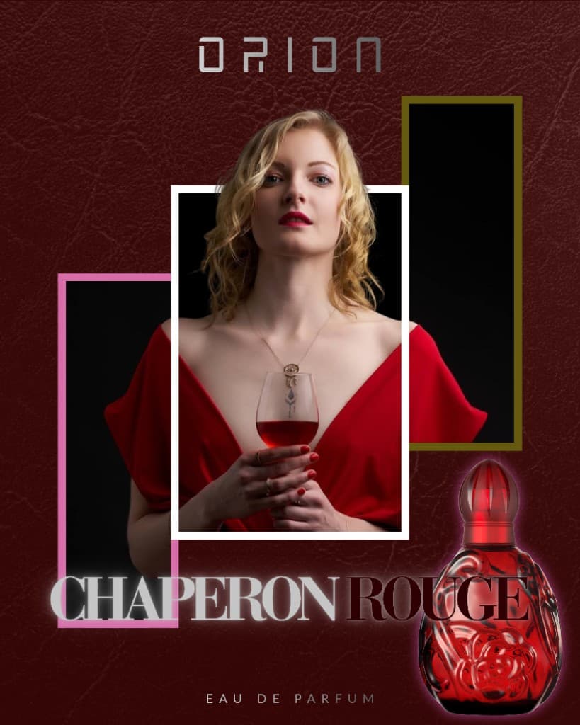 Publicité parfum Chaperon Rouge avec modèle en robe rouge et flacon