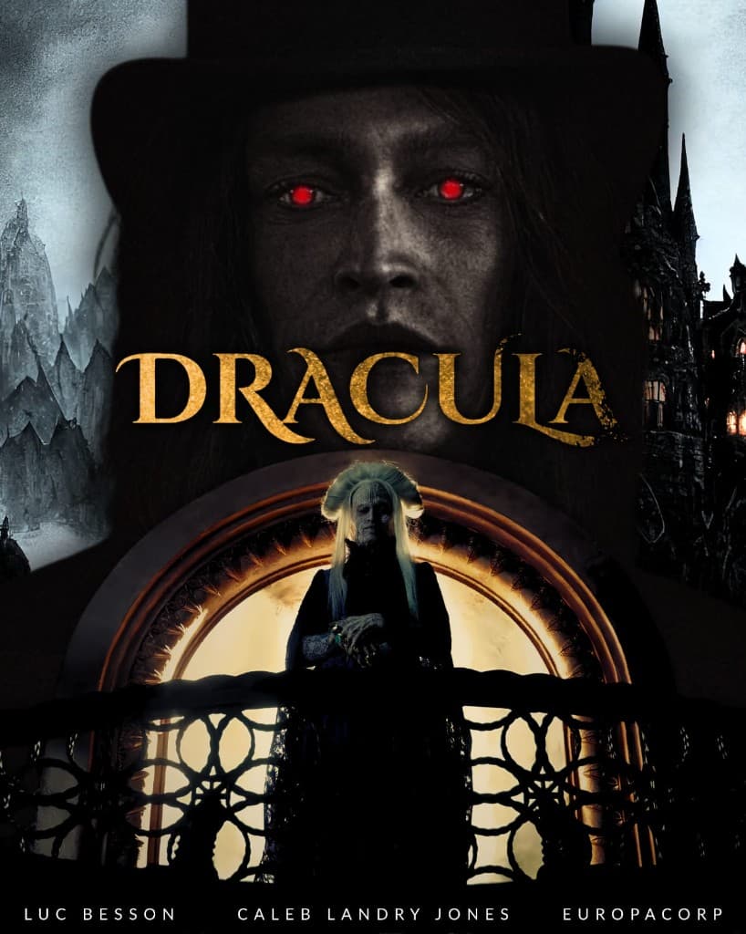 Affiche Dracula sombre avec regard rouge et typographie dorée