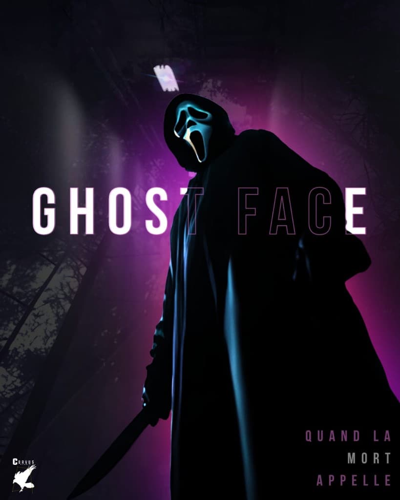 Affiche Ghost Face violette et cyan avec personnage masqué en contre-jour