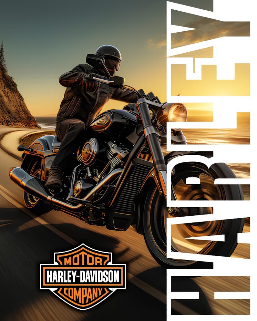 Visuel Harley-Davidson avec motard sur route au coucher du soleil