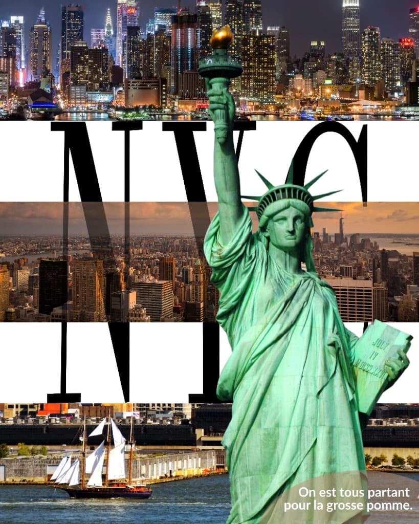 Composition New York avec statue de la liberté et typographie NYC