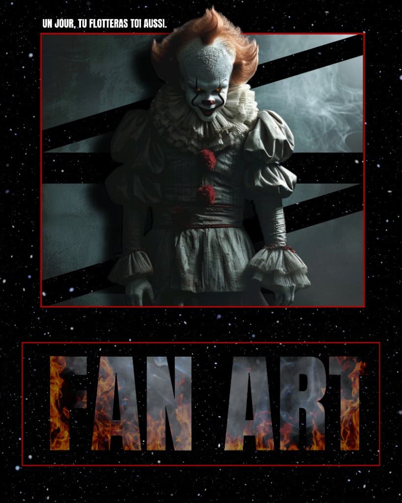 Affiche fan art Pennywise avec fond étoilé et cadre rouge