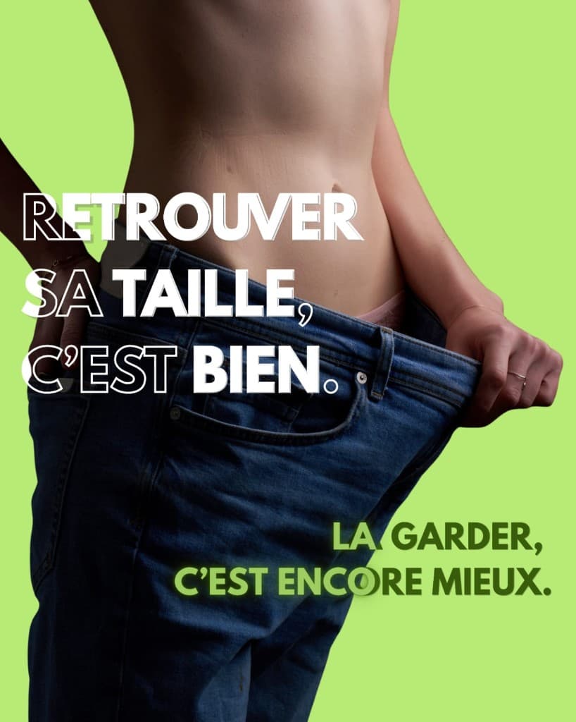 Visuel publicitaire avec jean trop large et texte retrouver sa taille
