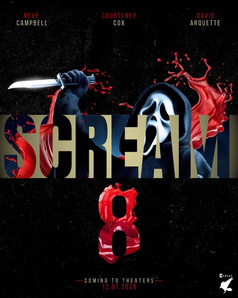 Affiche Scream 8 avec Ghostface, éclaboussures rouges et typographie massive